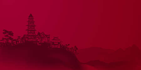 Chinese ink and water landscape painting Happy chinese new year banner cardの写真素材