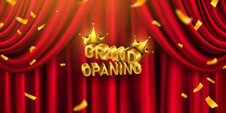 Red curtain background. Grand opening event design. confetti gold ribbons. luxury greeting rich card.のイラスト素材