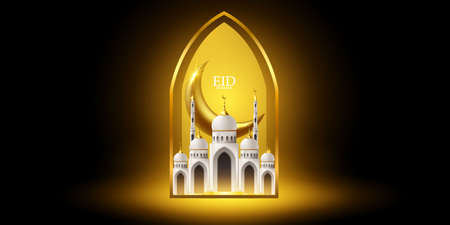 Ramadan kareem 2021 background. vector illustration with mosque and moon, place for text greeting card and bannerのイラスト素材