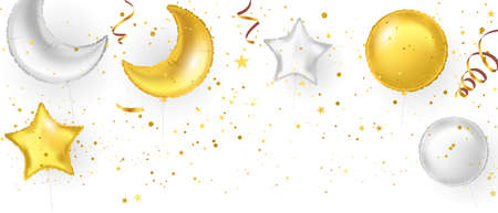 Celebration party banner with Gold balloons background. Sale Vector illustration. Grand Opening Card luxury greeting rich.のイラスト素材