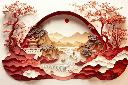papercut illustration Chinese on white backgroundの素材