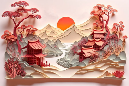 papercut illustration Chinese on white backgroundの素材