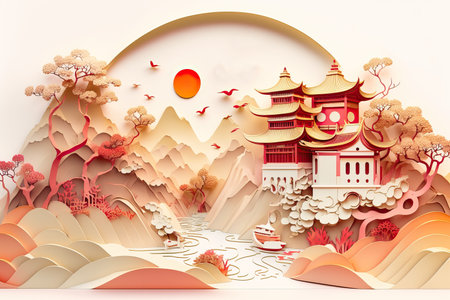 papercut illustration Chinese on white backgroundの素材