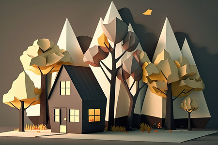 3d illustration of a house in the winter forest with trees.の素材