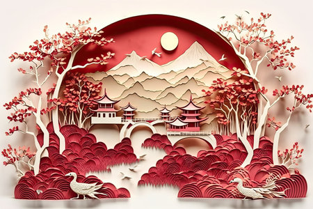 papercut illustration Chinese on white backgroundの素材