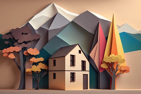 3d render of house in paper cut style with tree and mountainsの素材