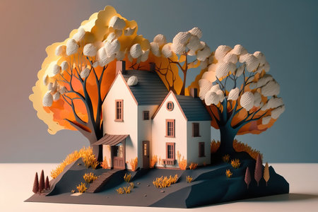 3d render of a house on a background of autumn trees.の素材
