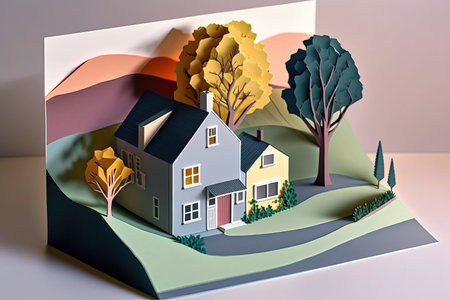 3D rendering of a house in a paper cut style with treesの素材