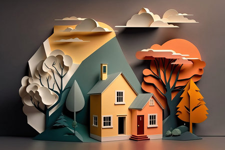 3d render of house in the paper cut style with nature backgroundの素材