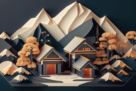 Japanese House With Minimal 3D Isometric Backgroundの素材