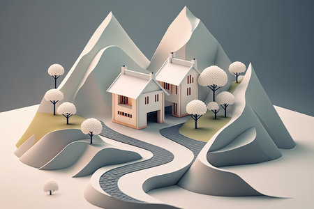 Japanese House With Minimal 3D Isometric Backgroundの素材