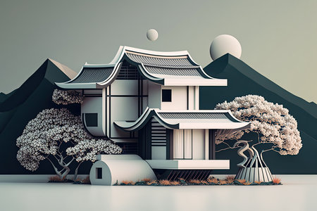 Japanese House With Minimal 3D Isometric Backgroundの素材