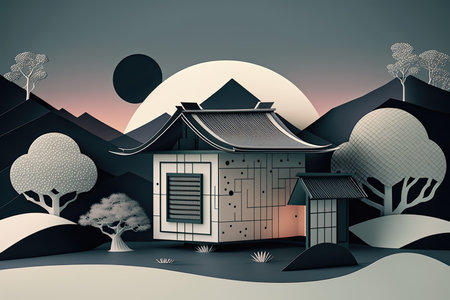 Japanese House With Minimal 3D Isometric Backgroundの素材