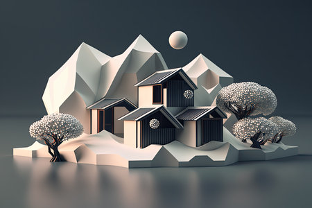 Japanese House With Minimal 3D Isometric Backgroundの素材