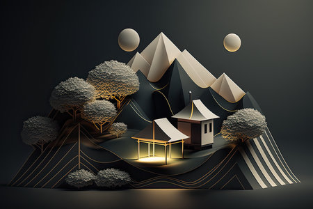 Japanese House With Minimal 3D Isometric Backgroundの素材