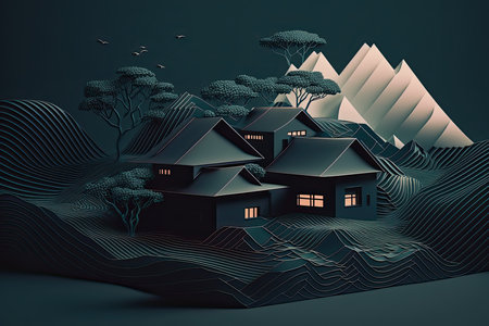 Japanese House With Minimal 3D Isometric Backgroundの素材