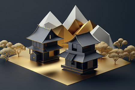Japanese House With Minimal 3D Isometric Backgroundの素材