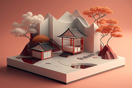 Japanese House With Minimal 3D Isometric Backgroundの素材