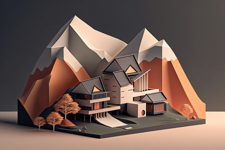 Japanese House With Minimal 3D Isometric Backgroundの素材