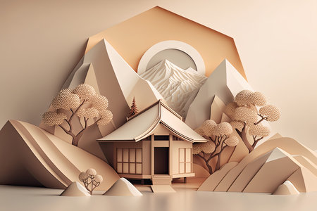 Japanese House With Minimal 3D Isometric Backgroundの素材