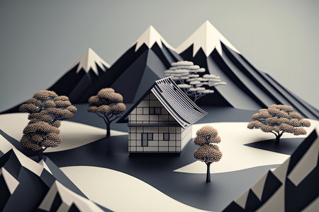 Japanese House With Minimal 3D Isometric Backgroundの素材