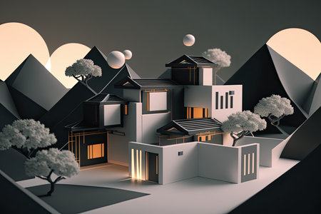 Japanese House With Minimal 3D Isometric Backgroundの素材