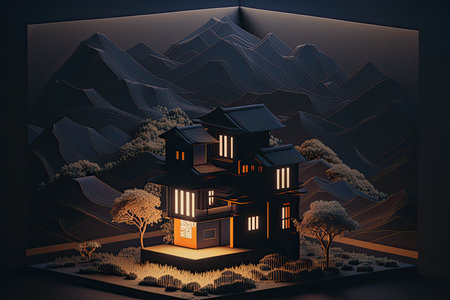 Japanese House With Minimal 3D Isometric Backgroundの素材