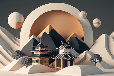 Japanese House With Minimal 3D Isometric Backgroundの素材