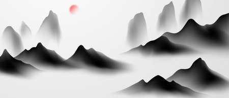 Modern design vector illustration of beautiful Chinese ink landscape painting.のイラスト素材