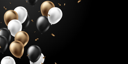 Black and gold balloon background beautifully arranged for party decorations, banners, vector illustrationのイラスト素材