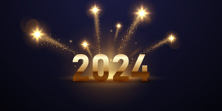 happy new year 2024 with golden 3d typography design template 2024 new year celebration concept for greeting card Badges and post templatesのイラスト素材