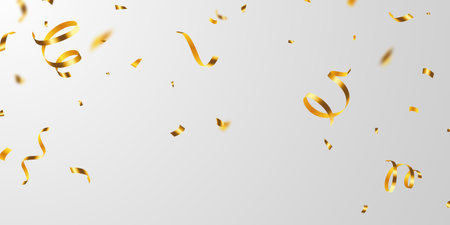 Golden confetti and zigzag ribbon falling from above streamer, tinsel vectorのイラスト素材