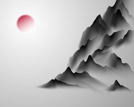 Modern design vector illustration of beautiful Chinese ink landscape painting.のイラスト素材