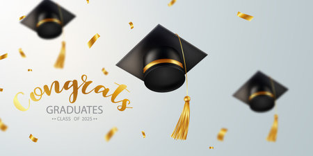 graduation design background realistic graduation hat Golden confetti congratulations to the graduates Vector illustrationのイラスト素材