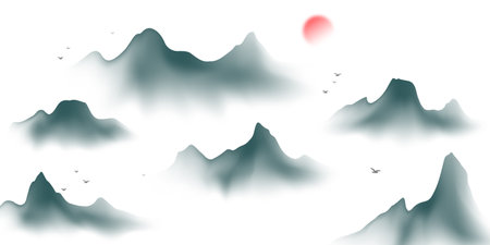 Modern design vector illustration of beautiful Chinese ink landscape painting.のイラスト素材