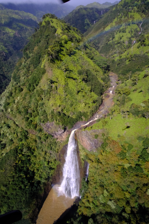 Aerial view of the waterfall from Jurassic Parkの写真素材
