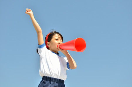 Girls at the blue sky gym uniform, megaphoneの写真素材