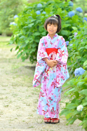 Japanese girl (Kimono Hydrangea)の写真素材