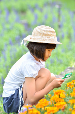 Girl watching the flowers with a magnifying glassの写真素材