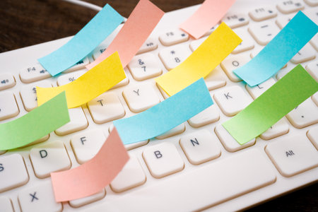 A lot of sticky notes on the keyboard.の写真素材