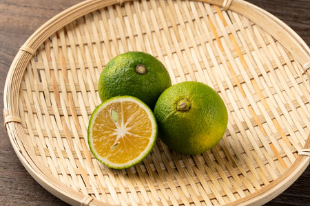 Kabosu is a type of citrus fruit and it's similar to a lemon.の写真素材
