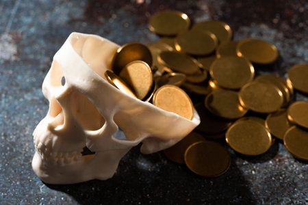 Skull model and gold coinの写真素材