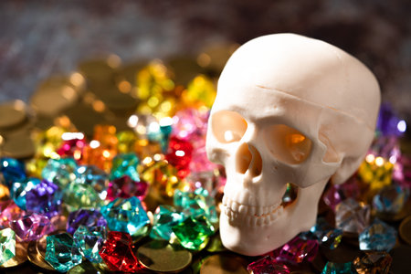 Model of a skull and an image of a gold and silver treasure