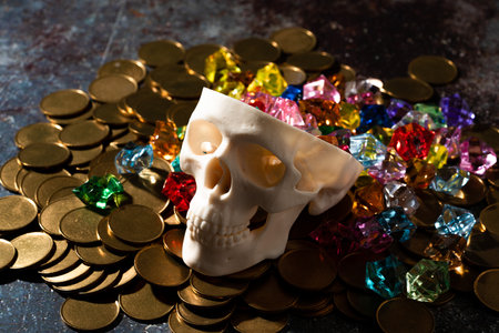 Model of a skull and an image of a gold and silver treasureの写真素材