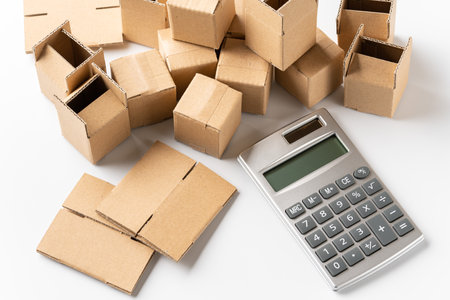 Lots of cardboard boxes and calculatorsの写真素材