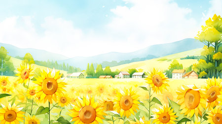 Sunflowers and blue sky watercolor backgroundの素材