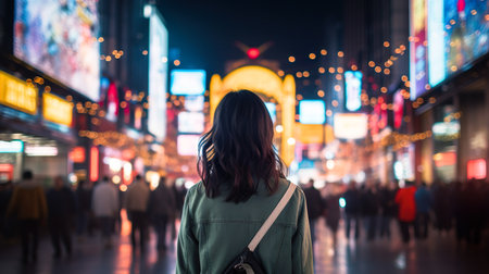 Back view of a young woman walking in the neon district at nightの素材
