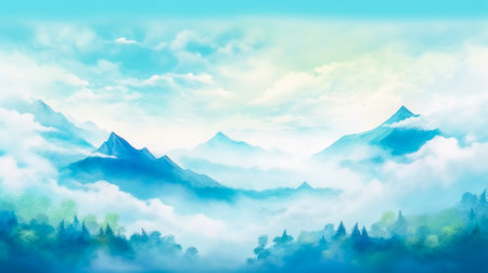 Japanese style illustration landscape of fantastic sea of ââclouds and mountainsの素材