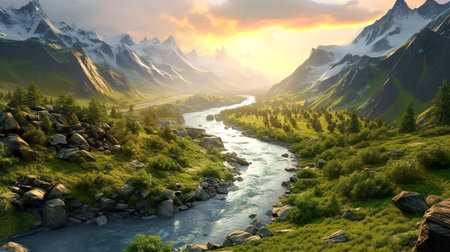 Majestic view of the river flowing at the foot of the mountain and the sunsetの素材