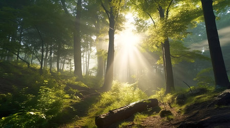 A view of the early morning sun shining through the trees in the forestの素材